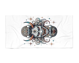 Japanese Oni Demon Mask Beach Towel | Mythical Yokai Art, Bold Graphic