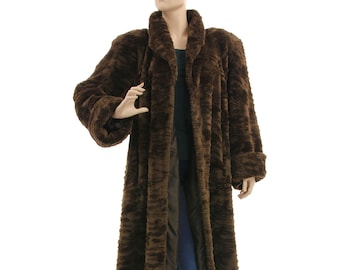Vintage fake fur swing coat plus size winter, 70s 80s brown vegan fur coat Elise, vintage faux fur A-line coat, DE size L-XL, US size 14-20