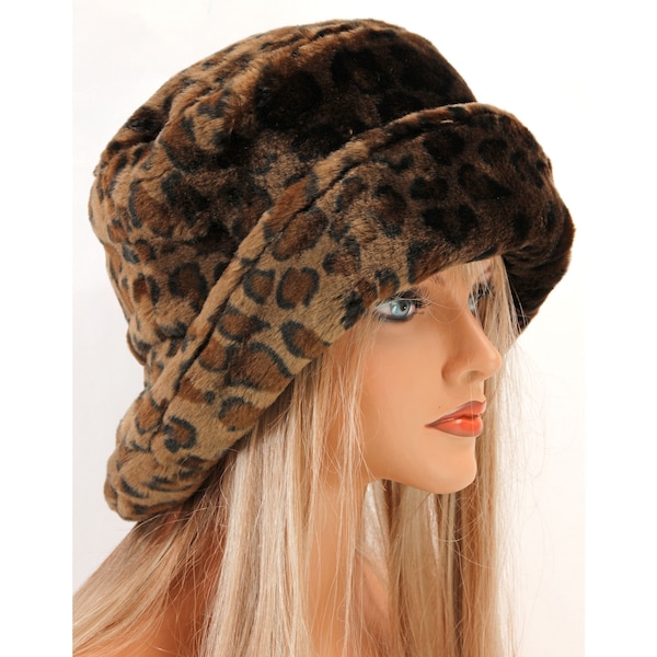 Vintage winter faux fur slouch bucket hat GEORGE 80s leopard print, stylish flattering unworn vegan fur hat, fake fur hat size S-M, 55-56 cm