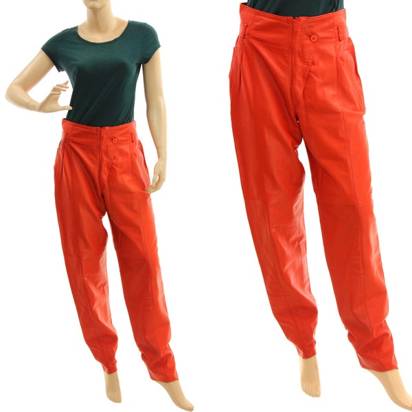 Red vintage long pants made of soft nappa leather 80s, high waist gathered leather pants S, red statement nappa pants, DE size 38, US size 8