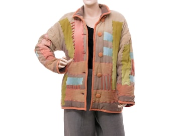 Vintage cotton patchwork jacket 90s, vintage handmade women multicolored jacket coat, layered warm lined jacket DE size S, US size 6-8