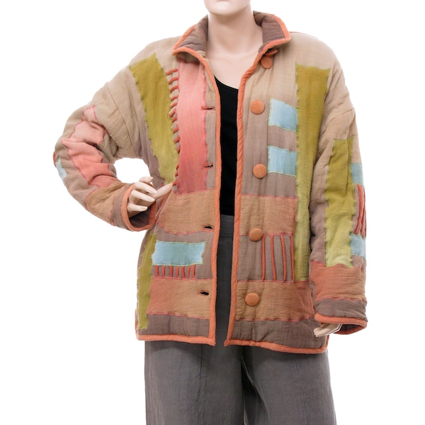 Vintage cotton patchwork jacket 90s, vintage handmade women multicolored jacket coat, lagenlook warm lined jacket DE size S, US size 6-8