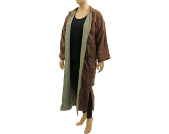Brown linen vintage maxi coat 90s, plus size long linen coat, women brown warm lined linen coat in used look, DE size L-XL, US size 14-18