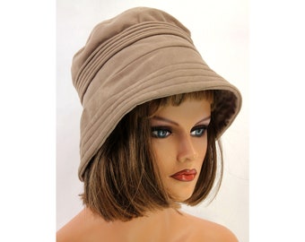 Vintage dark beige slouch bucket hat 90s, stylish fall winter microfibre hat, flattering warm lined microfibre hat, size S-M, 55-56 cm