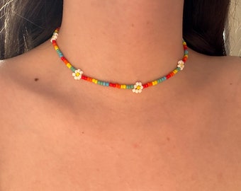 Handmade rainbow daisy necklace multicoloured beaded necklace floral gay pride necklace boho style layering necklace