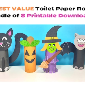 May include: A set of eight printable Halloween-themed crafts featuring a black cat, a pumpkin, a witch, and a bat. Each craft is designed to be made with a toilet roll.