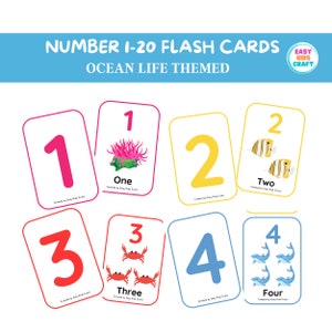 Number 1-20 Ocean Life Flash Cards for Toddlers, Preschool Learning Cards, Homeschool Resources, Sea Life, Counting Flashcard Printable