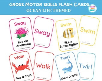 Gross Motor Skills Ocean Life Flash Cards for Preschool, Toddlers Learning Cards, Homeschool Resources, Sea Life,  Movement Flashcard