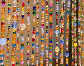 Set of 10 Colorful Glass Beaded Strands, Beaded Doorway Curtain with Tiny Bells, Rainbow Suncatcher, Boho Window Decor, Custom Length