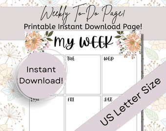 Floral Week at a Glance Planner Page, Minimal Productivity Planner, pdf US Letter Download, Printable To-Do List Planner Sheet, Instant pdf