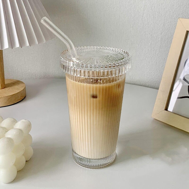 Ribbed Glassware With Lid and Straw Ribbed Glass Ribbed Etsy