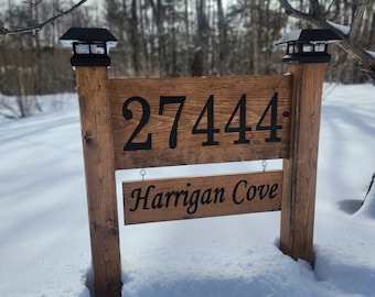 Personalized Solar Address Sign: Walnut Finish, Custom Entrance