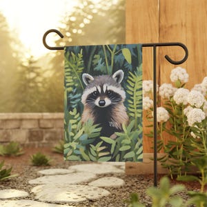 Garden Flag, Raccoon Woodland Creature Outdoor Decor, Cute Banner with Raccoon, Wildlife Yard Sign, Garden Wall Hanging