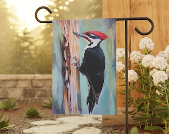 Garden Flag, Outdoor Decoration, Bird Lover Gift, Pileated Woodpecker Banner, Woodpecker Watcher, House Banner