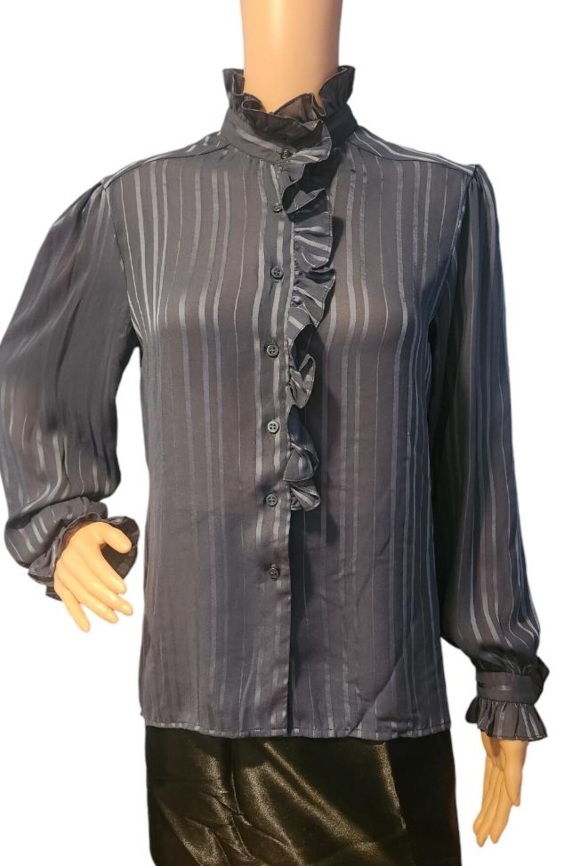 80s Vintage High Neck Ruffle Blouse Grey Size L/XL - Etsy