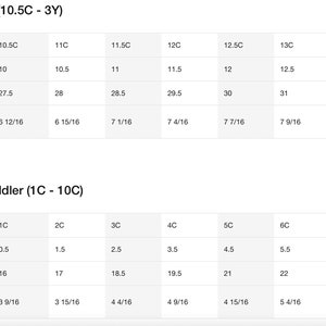 May include: A size chart for little kids and baby & toddler shoe sizes. The chart includes US, UK, and EU sizes, as well as foot length in inches. The chart ranges from US size 1C to 13.5C.