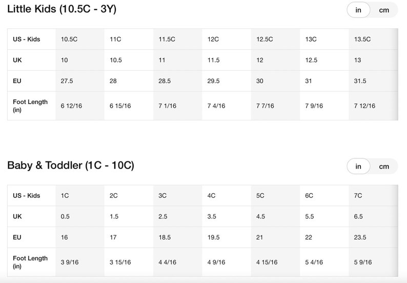May include: A size chart for little kids and baby & toddler shoe sizes. The chart includes US, UK, and EU sizes, as well as foot length in inches. The chart ranges from US size 1C to 13.5C.
