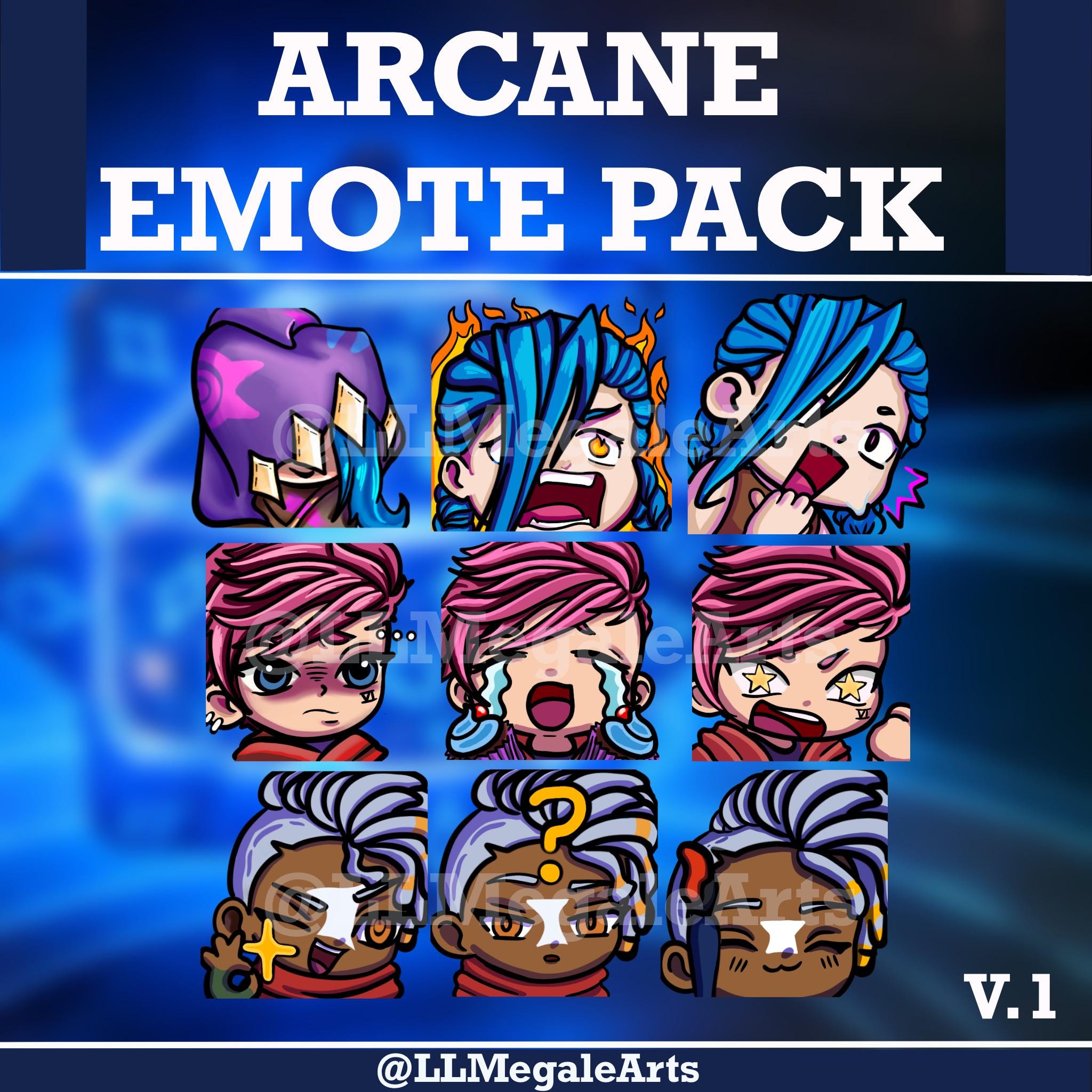 Pacchetto di emote: Jinx, Ekko, Vi of Arcane e League of Legends (LOL). Twitch, Youtube, Kick e Discord