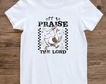 Koszulka Christian Goose, zabawna koszulka z wiarą, koszulka z grafiką „Off to Worship Jesus”, koszulka z humorem religijnym, strój do kościoła, prezent chrześcijański
