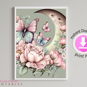 Boho Butterfly Watercolor Prints Set of 4 | Moon and Butterfly Wall Art | Printable Decor/instant download/pink and purple nursery art