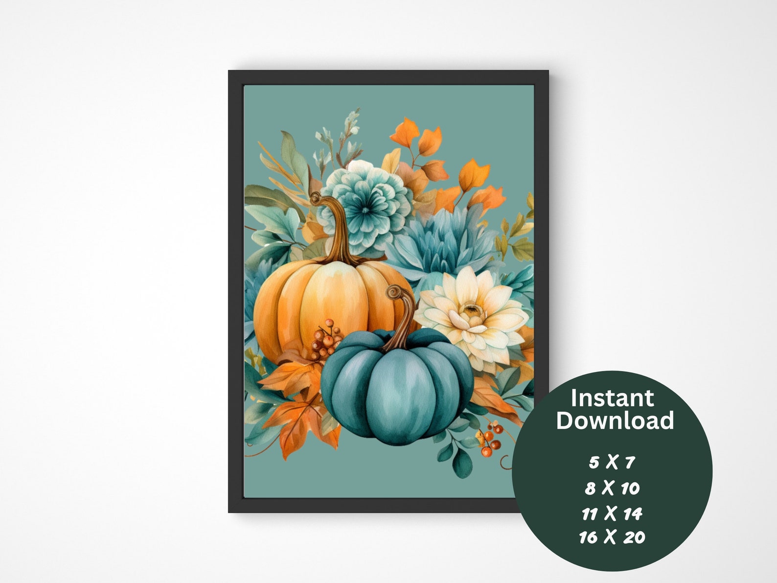 Fall Printable Wall Decor Set of 6 Teal Watercolor Pumpkin Art/autumn ...