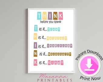 Positive Klassenzimmer Poster: Denken Sie nach, bevor Sie Printables, denken Sie Poster, Therapie Bürodekor, Klassenzimmer druckbare Montessori