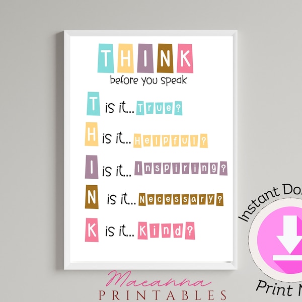 Positive Classroom Posters: Think Before You Speak Printables, Think poster, therapy office decor, classroom printable Montessori
