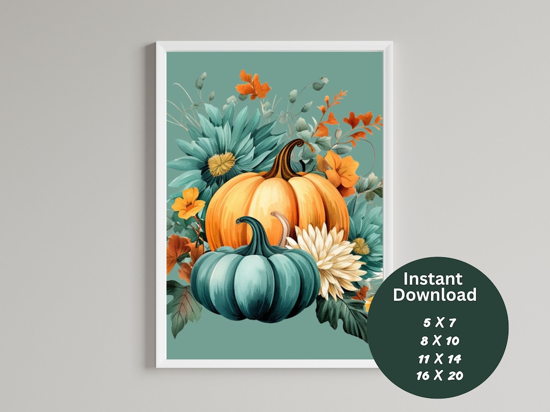 Fall Printable Wall Decor Set of 6 Teal Watercolor Pumpkin Art/autumn ...