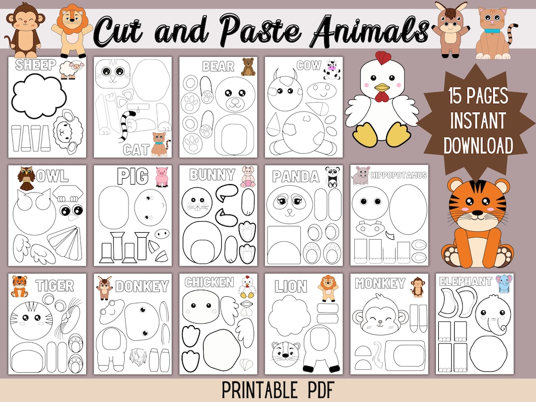 Adorable Cut and Paste Animals Printable Set of 15 DIY Craft - Etsy