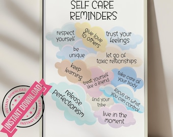 Self Care Reminders Poster Therapy Office Decor Mental Health Wall Art Printable