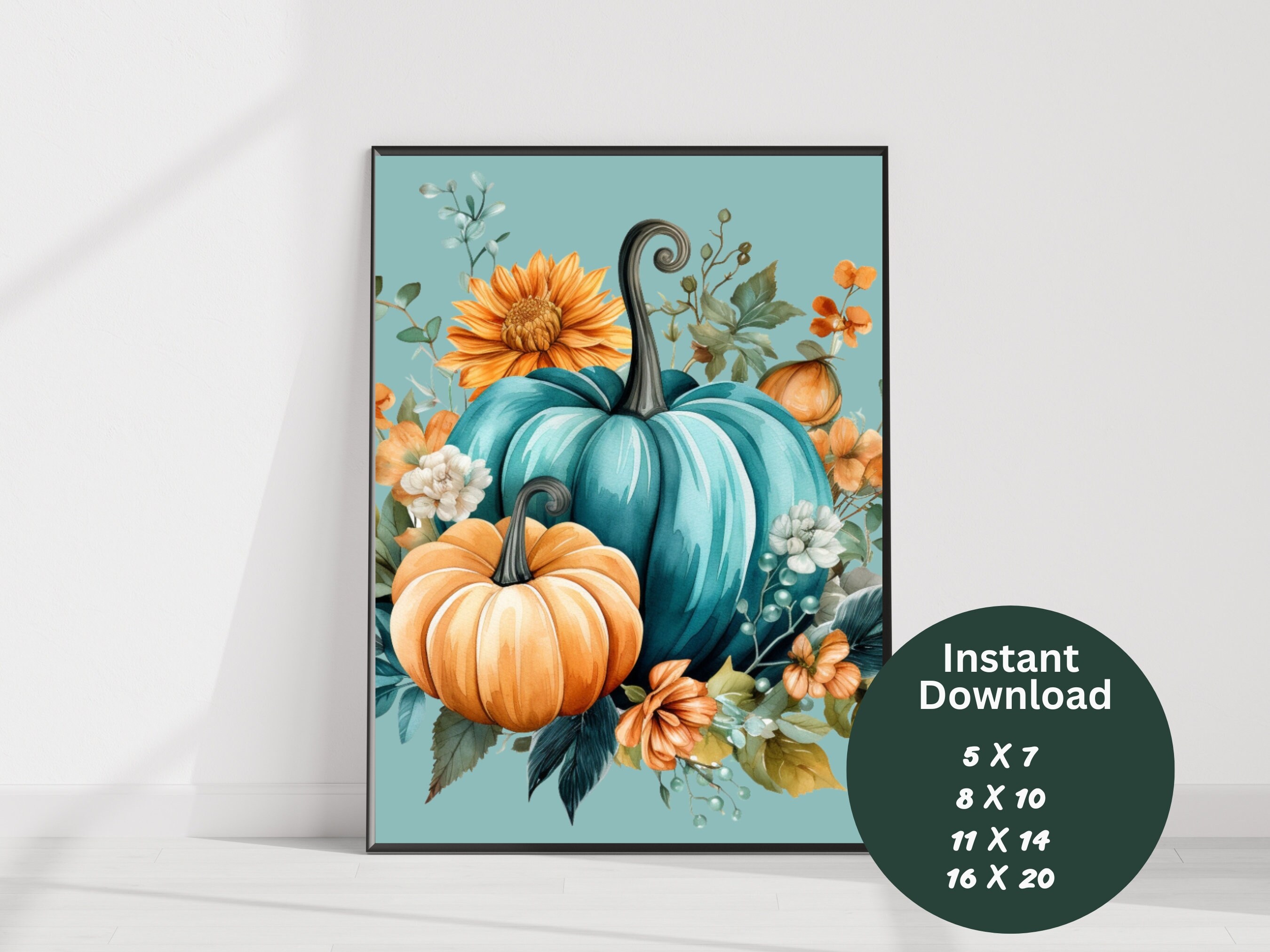 Fall Printable Wall Decor Set of 6 Teal Watercolor Pumpkin Art/autumn ...