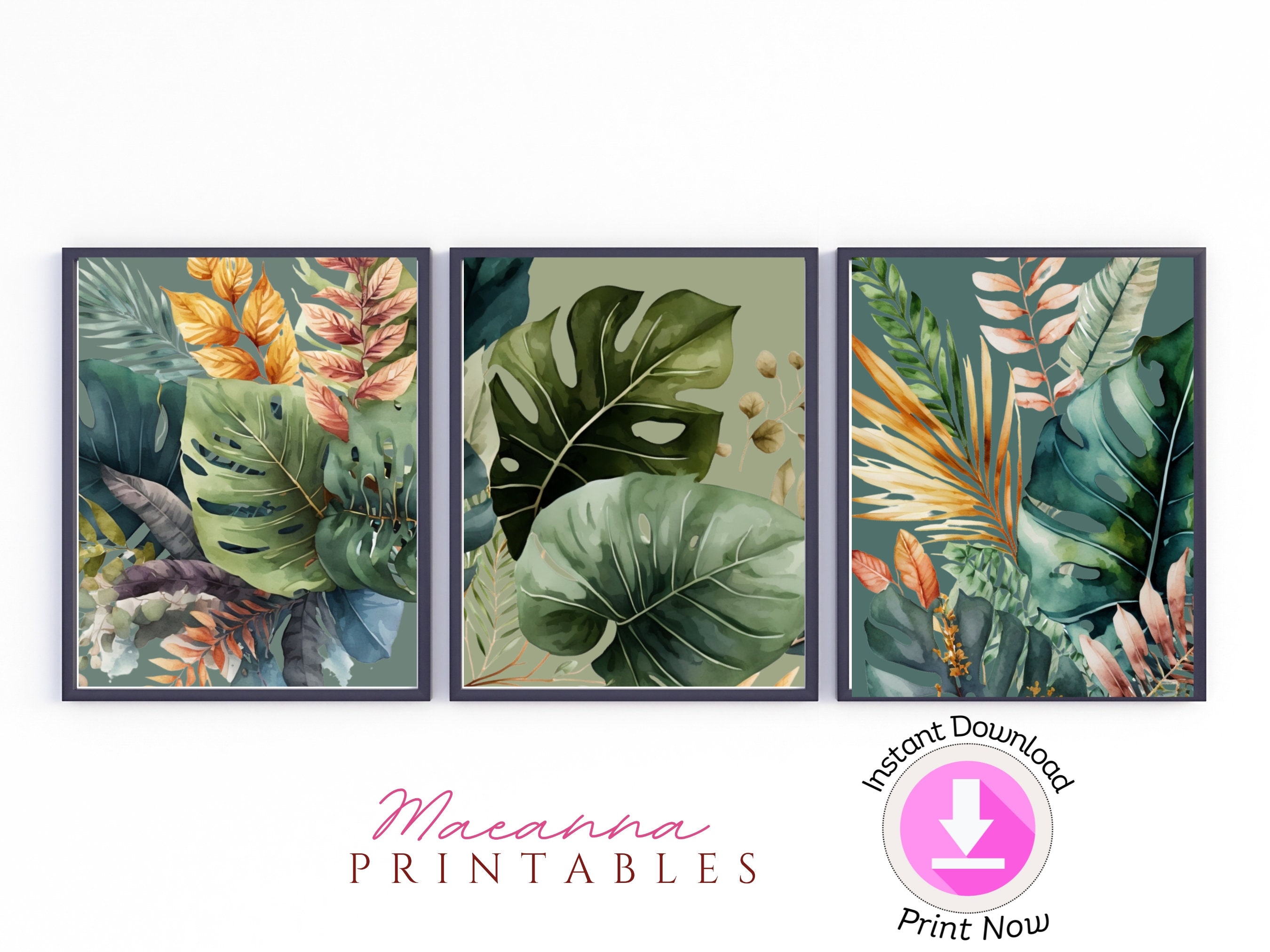 Tropical Leaves Wall Art Set of 5 Printable Monstera Leaf Prints - Etsy
