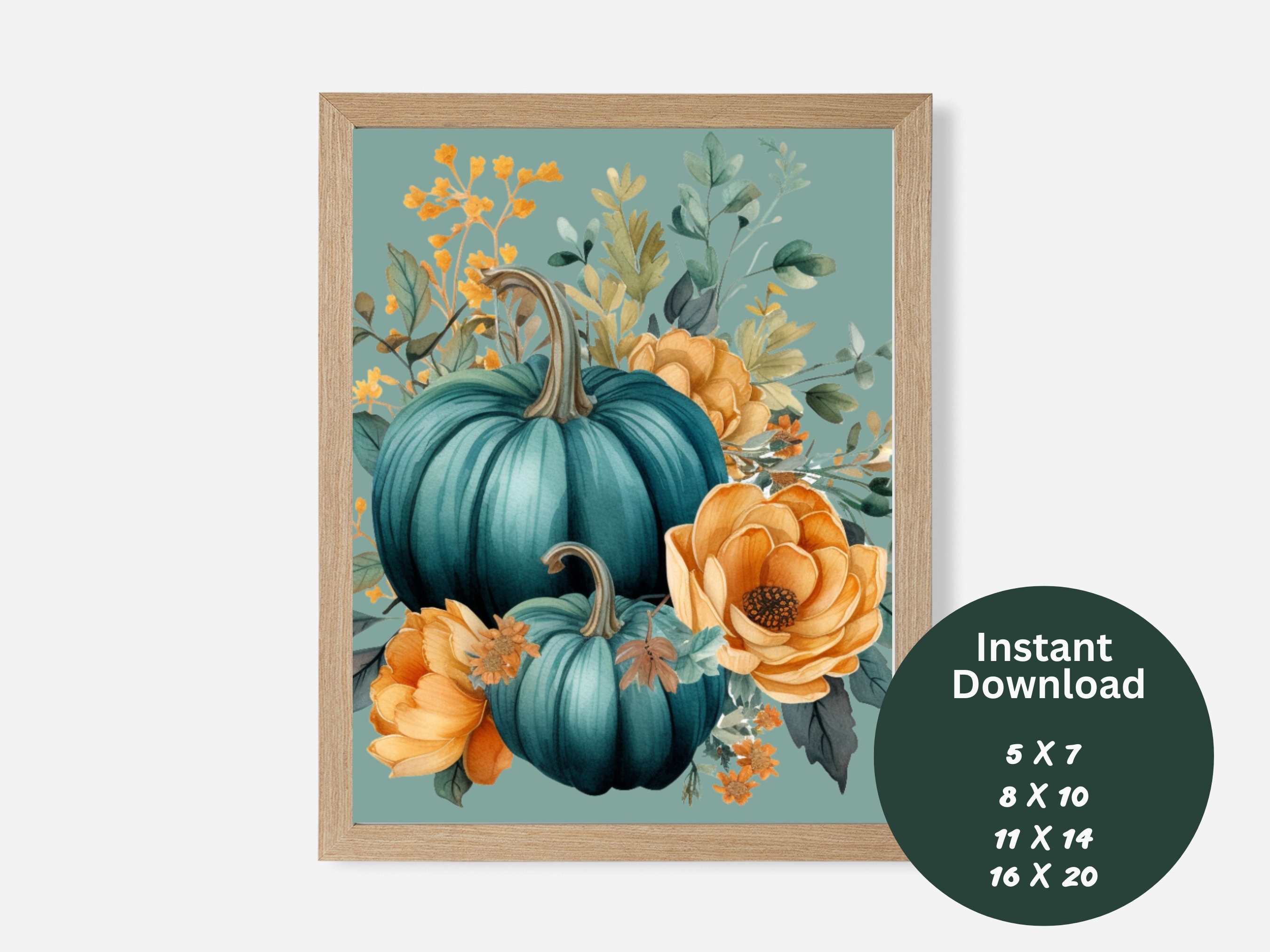 Fall Printable Wall Decor Set of 6 Teal Watercolor Pumpkin Art/autumn ...