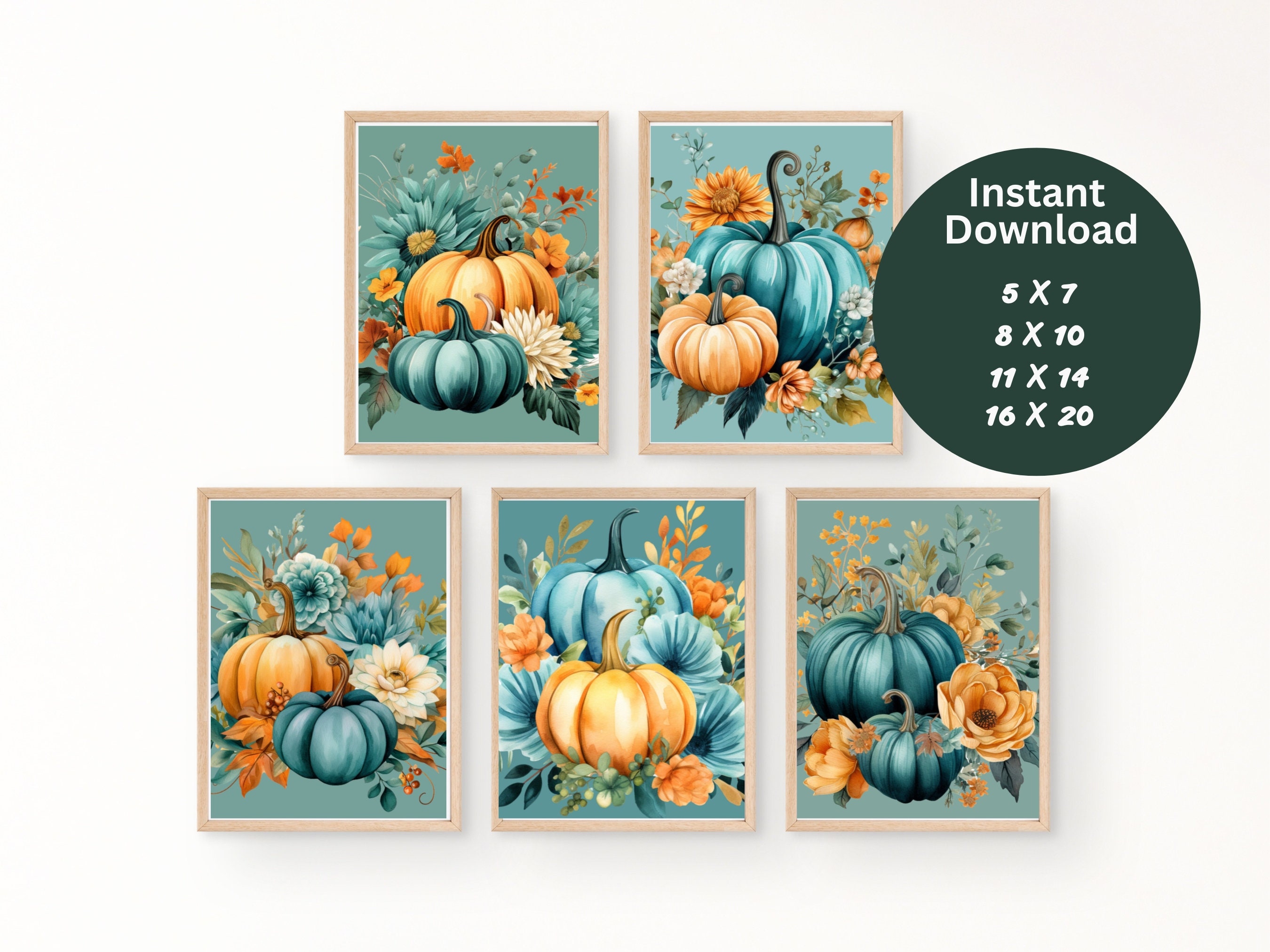 Fall Printable Wall Decor Set of 6 Teal Watercolor Pumpkin Art/autumn ...