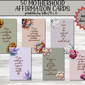 Floral Motherhood Affirmation Cards/Set of 50/ Printable Mom Affirmation Cards for Positive Parenting and Self-Care/ Floral Design