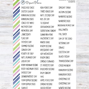 May include: A planner sticker sheet with a colorful striped border and a list of holidays and events. The text includes holidays like Easter Sunday, Memorial Day, and Christmas Day. The sheet also features the "Piper's Plans" logo.