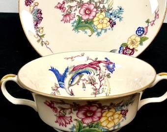 Set of 11 Vintage Castelton Soup Bowl and Plate Set: Phoenix Floral Pattern