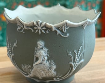 Antique German Schafer and Vater white on green jasperware bowl or planter c. early 1900s