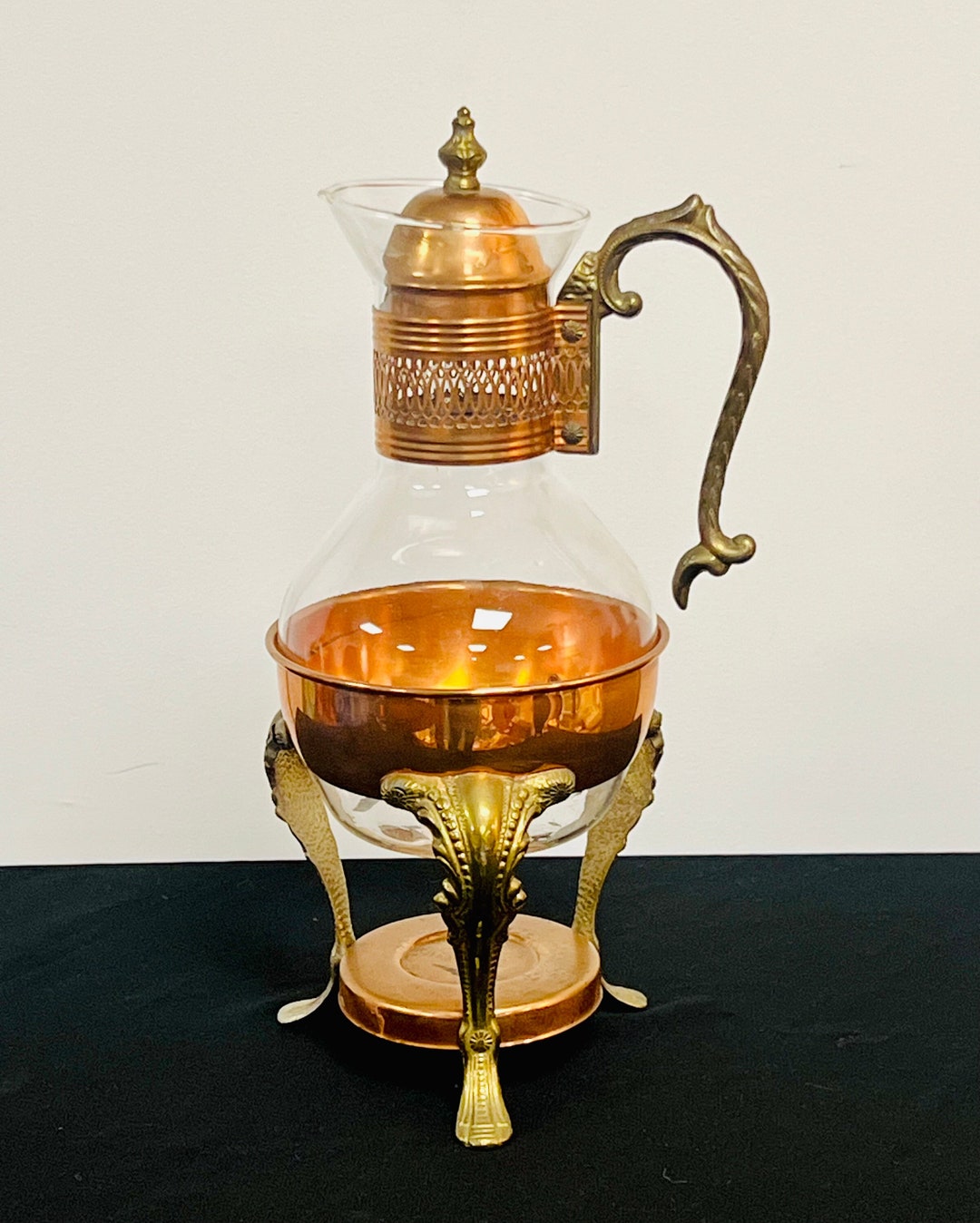 Vintage MCM Copper Brass Coffee Pot Tea Warmer Pyrex by Princess House