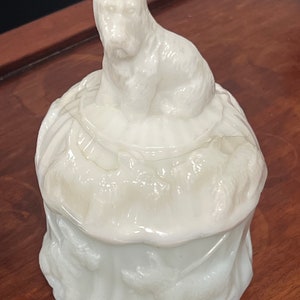 Akro Agate Scottie Dog Lidded Powder Jar: White Milk Glass Trinket Box (Imperfect)