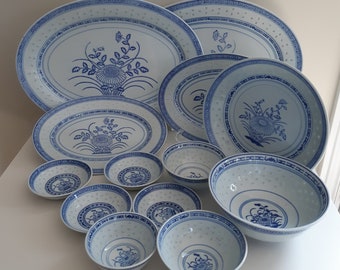Vintage Chinese open carved rice grain porcelain blue and white, floral motif, CHINA, Jingdezhen, rice eyes, plate, rice bowl linglongci