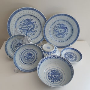 Vintage Chinese open carved rice grain porcelain blue and white plates, Dragon Motif, Hand painted, Jingdezhen, Rice eyes, plate, rice bowls