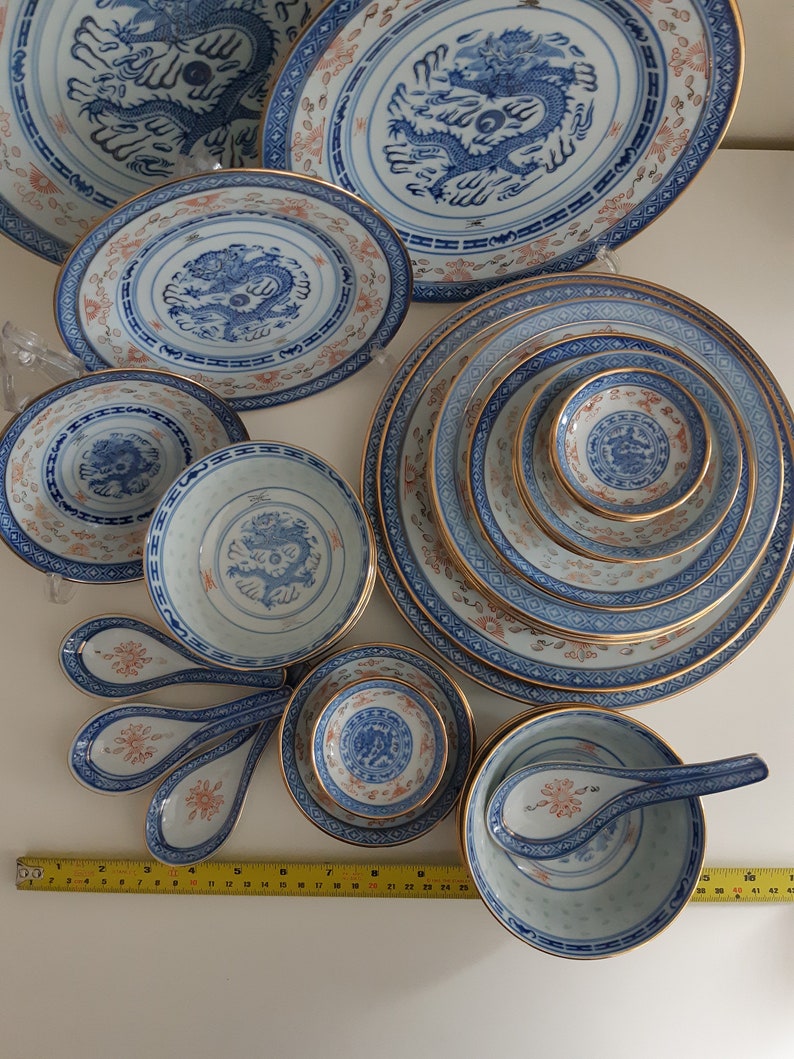 Vintage Chinese Rice Grain Porcelain Blue and White Dragon Etsy
