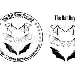 Puede incluir: Ilustración en blanco y negro de alas de murciélago. El texto "The Bat Boys Present The Annual Illyrian Snowball Competition" está en un círculo alrededor de las alas.