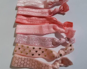 Pretty Pink Elastic Hair Ties | Set of 7 | Solid, Glitter, and Gold Printed Pink Elastic