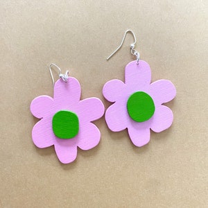 Hand Painted pink flower earrings, Wood Earrings, Handmade Earrings, Hand Cut Earrings, Dangle Earrings, Statement Earrings