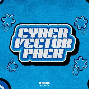 以下が含まれることがあります： 太字のレトロなフォントで「CYBER VECTOR PACK」というテキストが書かれた青と白のグラフィックデザイン。デザインは黒いアウトラインと小さな青い花の形状で囲まれています。
