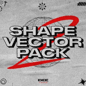May include: A digital graphic design with the text "SHAPE VECTOR PACK 2" in a bold, outlined font, with a red curved shape overlay. The background is a textured grey fabric with various abstract design elements.