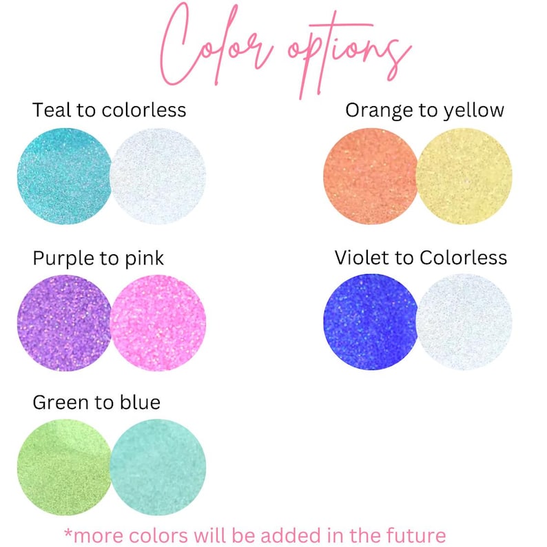 Puede incluir: Imagen que muestra opciones de color con el texto "Color options". La imagen muestra pares de muestras de color circulares que cambian de color. Los colores incluyen el verde azulado a incoloro, el naranja a amarillo, el morado a rosa, el violeta a incoloro y el verde a azul.