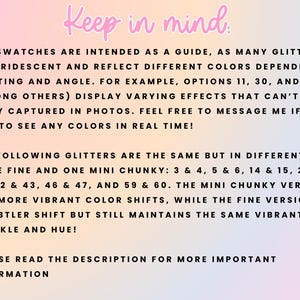 Pu&ograve; includere: Immagine con testo su sfondo sfumato, con la frase "Keep in mind" in rosa. Il testo fornisce informazioni sui campioni di glitter, le variazioni di colore e le differenze di taglio. Incoraggia i clienti a chiedere i colori in tempo reale.
